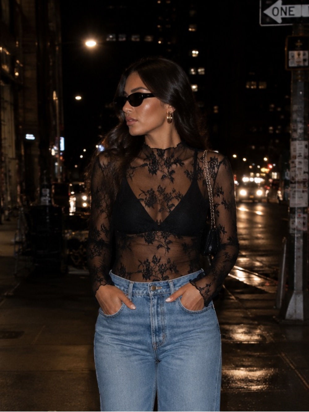 Completely Sheer floral lace long sleeve tee black lettuce trim edge mockneck